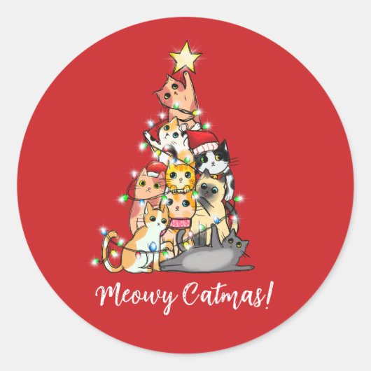 Grappige Meowy Kerstkatten Kerstboom Ronde Sticker (Voorkant)