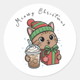 Grappige Meowy Kerstmis Kat Iced Coffee Grote Rond Ronde Sticker