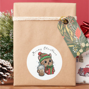 Grappige Meowy Kerstmis Kat Iced Coffee Grote Rond Ronde Sticker