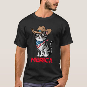 Grappige Merica Cat Zonnebril Cowboy Pet Patriotis T-shirt