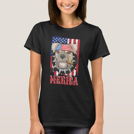 Grappige Merica Pit Bull Hond 4 juli Amerikaanse V T-shirt (Voorkant)