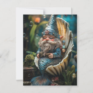 Grappige Merman Gnome beeldje in Seashell - Unde Briefkaart