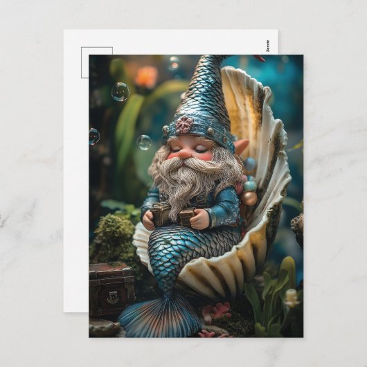 Grappige Merman Gnome beeldje in Seashell - Unde Feestdagenkaart (Voorkant / Achterkant)
