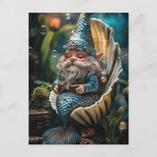 Grappige Merman Gnome beeldje in Seashell - Unde Feestdagenkaart (Voorkant)
