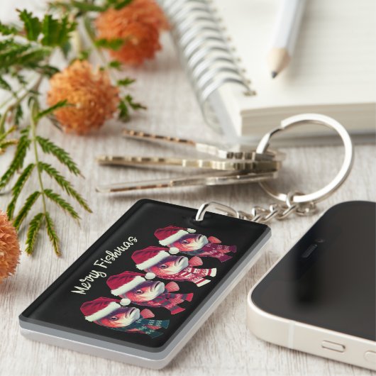 Grappige Merry Fishmas Christmas Gevist zwart Sleutelhanger (Voorkant Rechts)