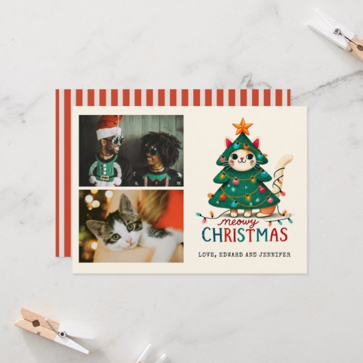 Grappige Merry Meowy kerstfoto Kaart (Voorkant / Achterkant in situ)