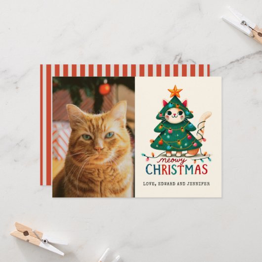 Grappige Merry Meowy kerstfoto Kaart (Voorkant / Achterkant in situ)