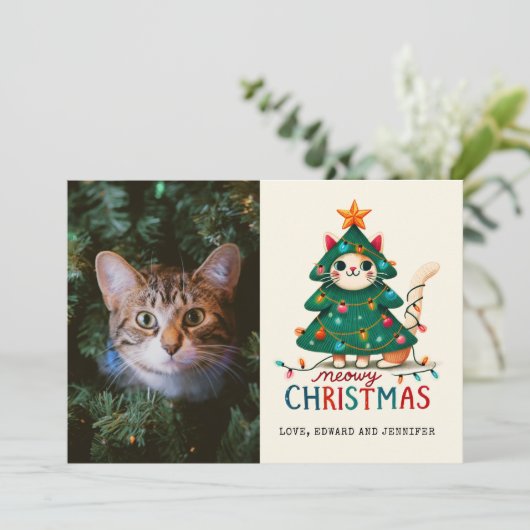 Grappige Merry Meowy kerstfoto Kaart (Staand voorkant)