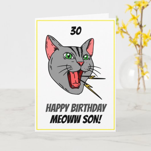 Grappige Miauwende Kat Witte 30e Zoon Verjaardag Kaart (Gele Bloem)