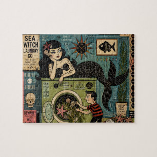 Grappige Mid Century Zee Sirene op Wasdag Legpuzzel