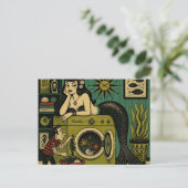 Grappige Mid Century Zee Sirene Wasdag Briefkaart (Staand voorkant)