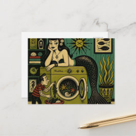Grappige Mid Century Zee Sirene Wasdag Briefkaart