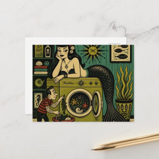 Grappige Mid Century Zee Sirene Wasdag Briefkaart (Voorkant / Achterkant in situ)