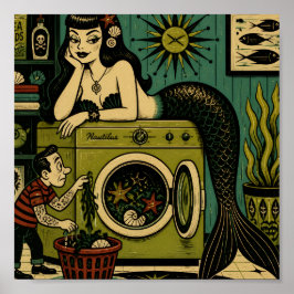 Grappige Mid Century Zee Sirene Wasdag Poster