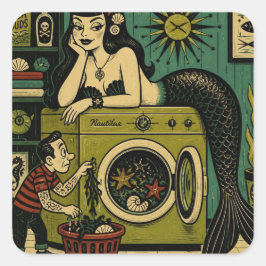 Grappige Mid Century Zee Sirene Wasdag Vierkante Sticker