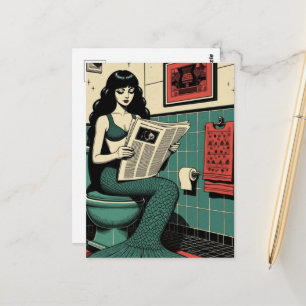 Grappige mid-century zeemeermin op toilet lezend briefkaart