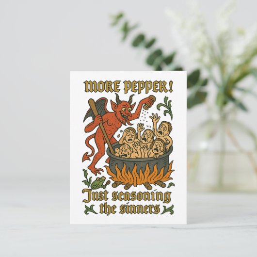 Grappige middeleeuwse Meme Devil Cartoon Halloween Briefkaart (Staand voorkant)