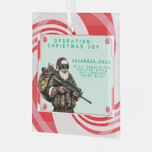 Grappige Militair/Kerstman Glas Ornament (Voorkant links)