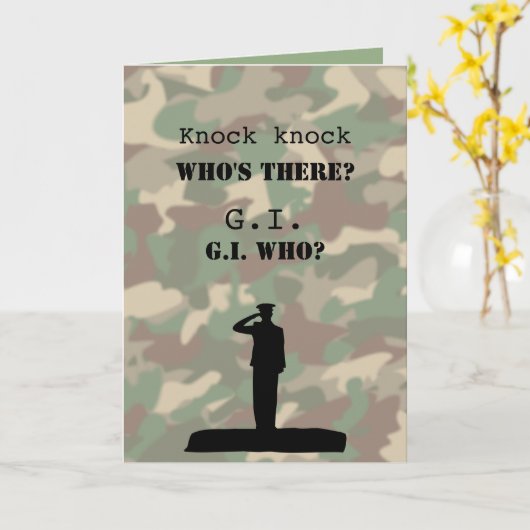 Grappige militaire verjaardag Knock Knock Joke Kaart (Gele Bloem)