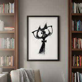 Grappige Minimalistische Whimsical Nerd Kat met Br Poster