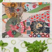 Grappige Mixed Media Papieren Kat Keukenhanddoek (Gevouwen)