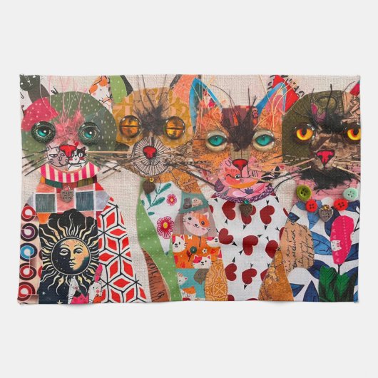 Grappige Mixed Media Papieren Kat Keukenhanddoek (Horizontaal)