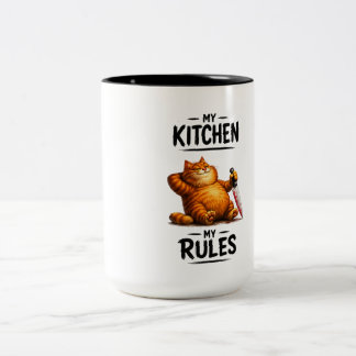 Grappige M'n Keuken M'n Regels Oranje Kat met Mes Tweekleurige Koffiemok