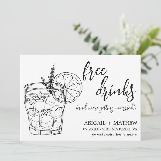 Grappige moderne cocktail schets trendy foto bruil save the date (Staand voorkant)