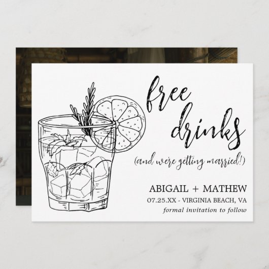 Grappige moderne cocktail schets trendy foto bruil save the date (Voorkant / Achterkant)