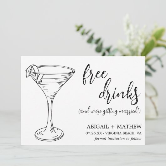 Grappige moderne cocktail schets trendy foto bruil save the date (Staand voorkant)