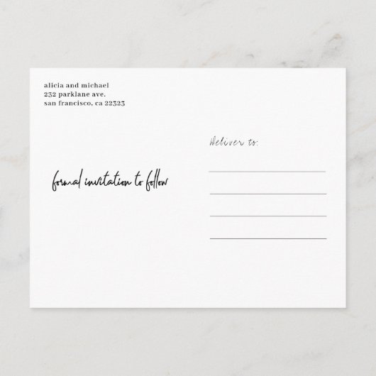 Grappige moderne eenvoudige casual bruiloft opslaa aankondigingskaart (Achterkant)