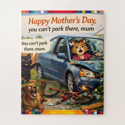 Grappige Moederdag legpuzzel kat hond auto-ongeluk (Verticaal)