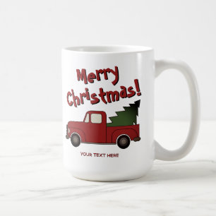 Grappige mok met oude rode vrachtwagen en kerstboo