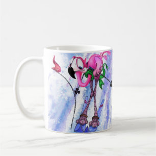 Grappige mok met roze flamingo skiër