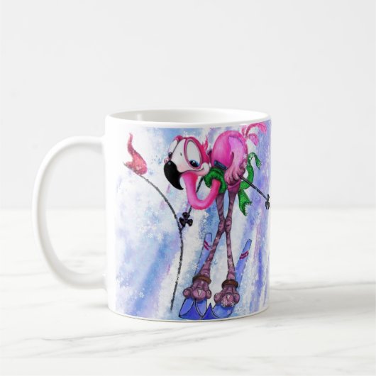 Grappige mok met roze flamingo skiër (Links)