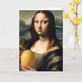 Grappige Mona Lisa houdt een ei dooier Kaart (Gele Bloem)