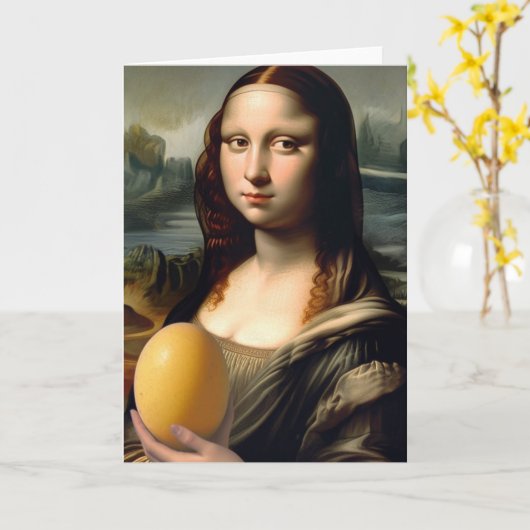 Grappige Mona Lisa houdt een ei dooier Kaart (Gele Bloem)
