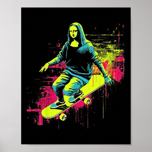 Grappige Mona Lisa Skateboarden Cool Retro Y2k Edm Poster (Voorkant)