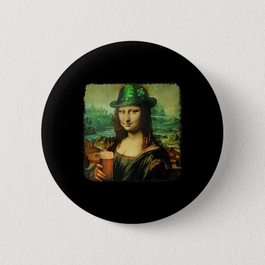 Grappige Mona Lisa St. Patricks Day Shamrock Pet L Ronde Button 5,7 Cm (Voorkant)