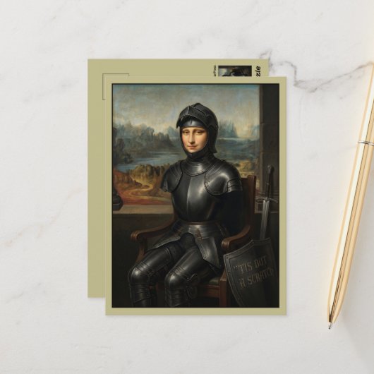 Grappige Mona Lisa Zwarte Ridder Briefkaart (Voorkant / Achterkant in situ)