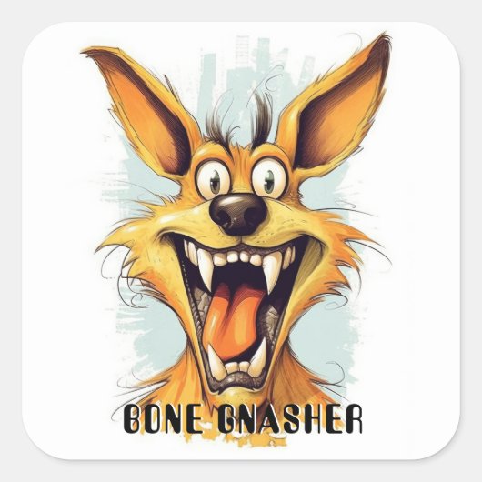 Grappige Monster Hond: Bone Gnasher Vierkante Sticker (Voorkant)