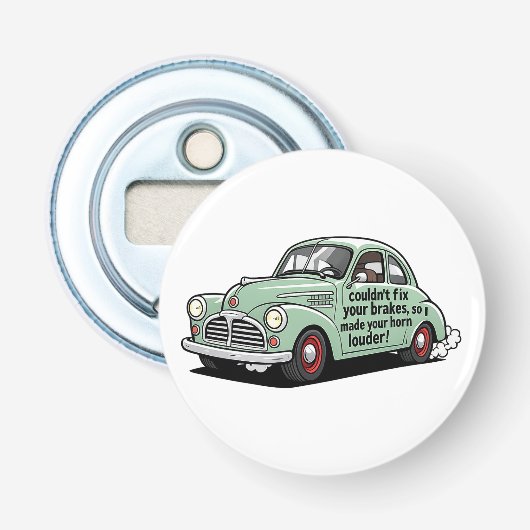 Grappige monteur auto kon remmen niet repareren cl button flesopener (Voorkant)