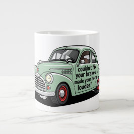 Grappige monteur kon remmen van auto niet maken ho grote koffiekop