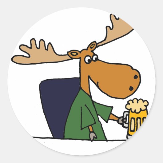 Grappige Moose Drink Beer Cartoon Ronde Sticker (Voorkant)