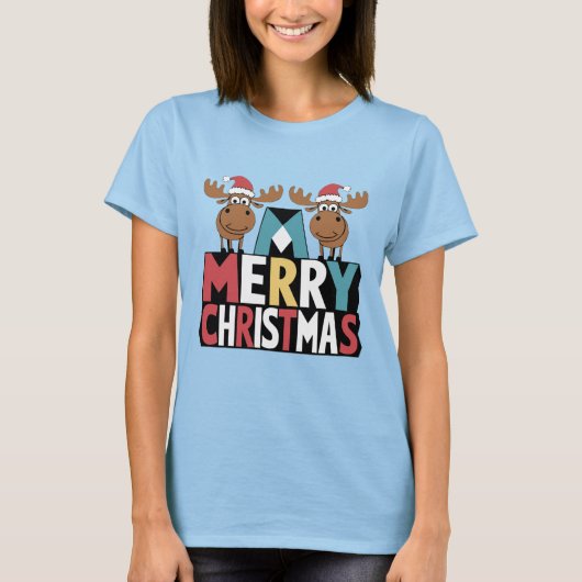 Grappige Moose in Santa Hats op vrolijke kerstteks T-shirt (Voorkant)