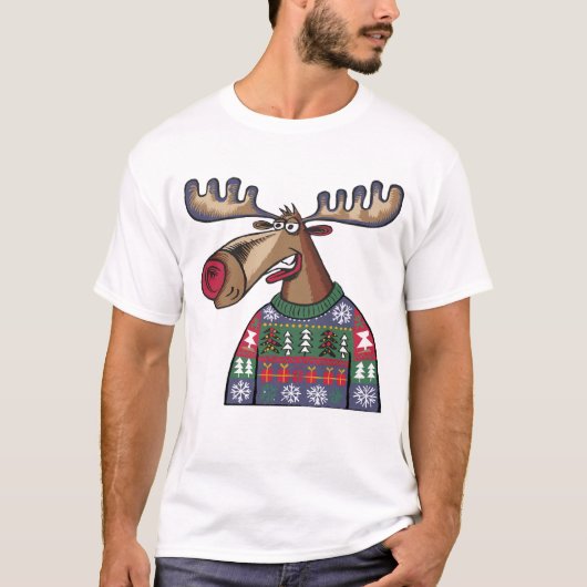 Grappige Moose met lelijke kersttrui T-shirt (Voorkant)