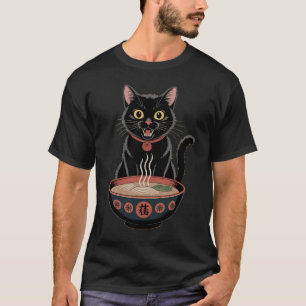 Grappige Moppige Zwarte Kat Ramen Japanse Kunst T-shirt