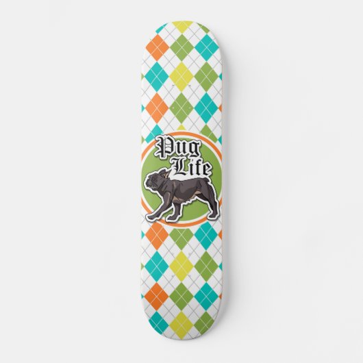 Grappige Mopshond; Kleurrijk Argyle patroon Skateboard (Voorkant)