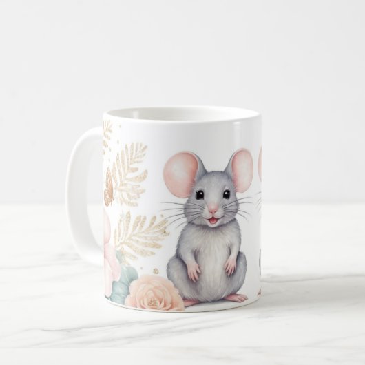 Grappige muizen en bloemen fantasie koffiemok (Voorkant links)