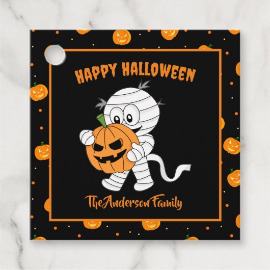 Grappige mummie lopen met Halloween pompoen partij Bedankjes Labels (Voorkant)